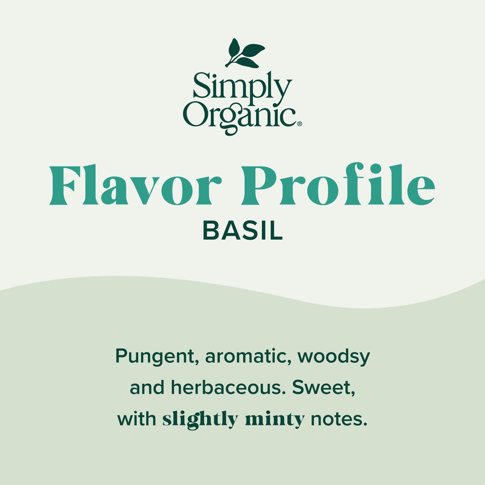 Simply Organic Basil Leaf pour closeup demonstrates vibrant herbaceous notes ideal for pizza and pasta.