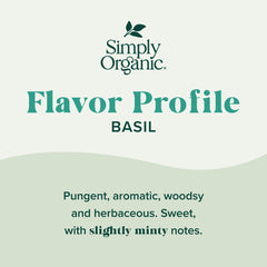 Simply Organic Basil Leaf pour closeup demonstrates vibrant herbaceous notes ideal for pizza and pasta.