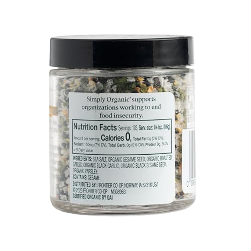 Close-up of Simply Organic Black Garlic Finishing Salt crystals for savory flavor boost.