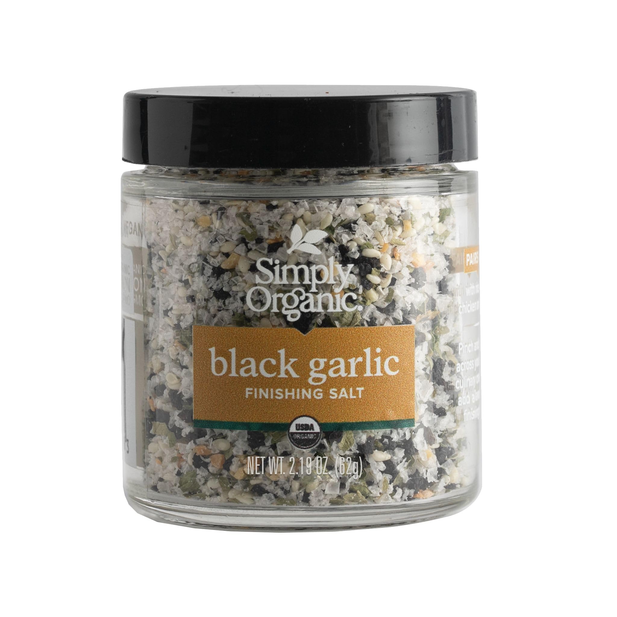 Label of Simply Organic Black Garlic Finishing Salt highlighting organic ingredients and bold flavor.