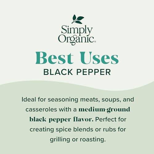 Simply Organic Black Pepper bottle pour, convenient seasoning for meals.