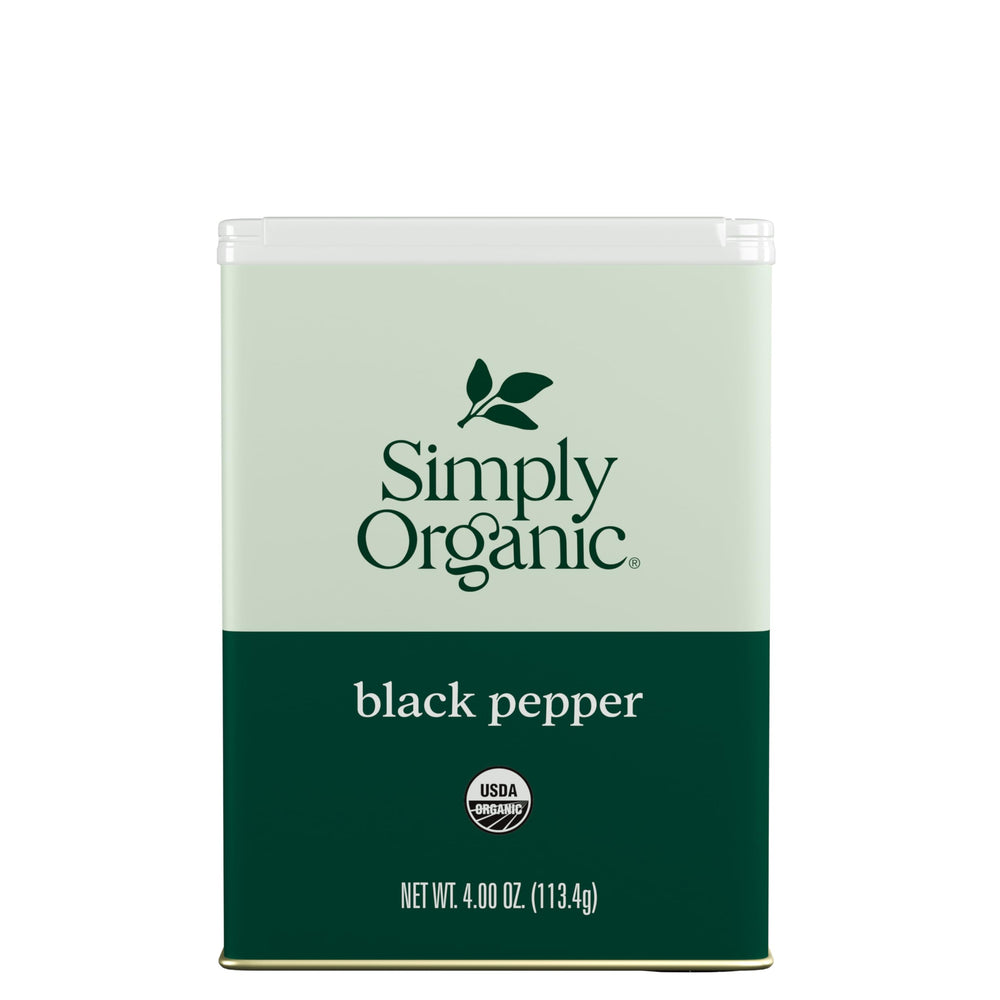Simply Organic Black Pepper bottle close-up, enhances flavor in everyday cooking.