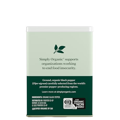 Simply Organic Black Pepper ground close-up, elevates soups and sauces.