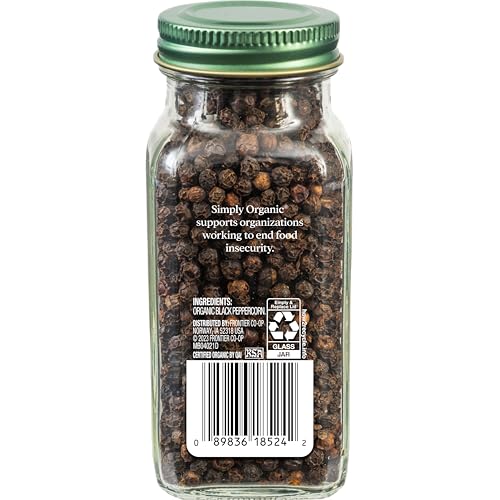 Simply Organic Black Peppercorns – ground in dish for quick seasoning.
