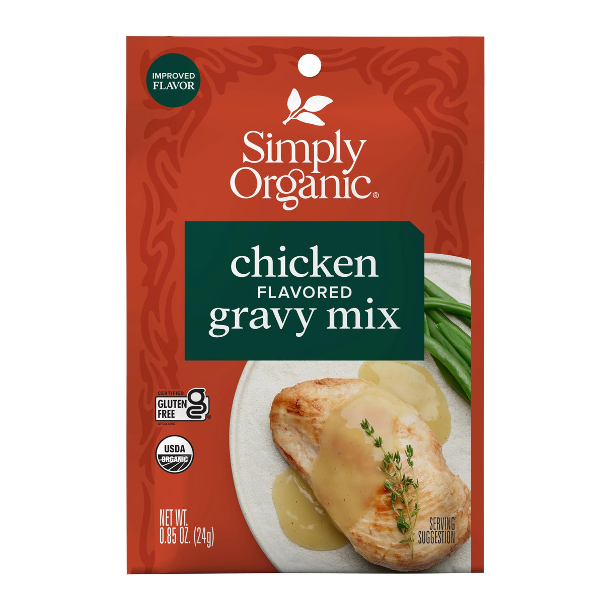Simply Organic Chicken Gravy Mix packet with organic label for quick meals.