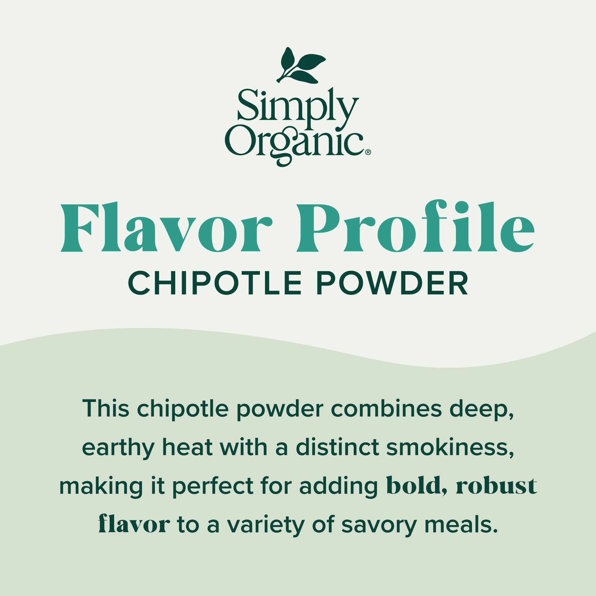 Simply Organic Chipotle Powder shows dried smoked peppers for rich flavor