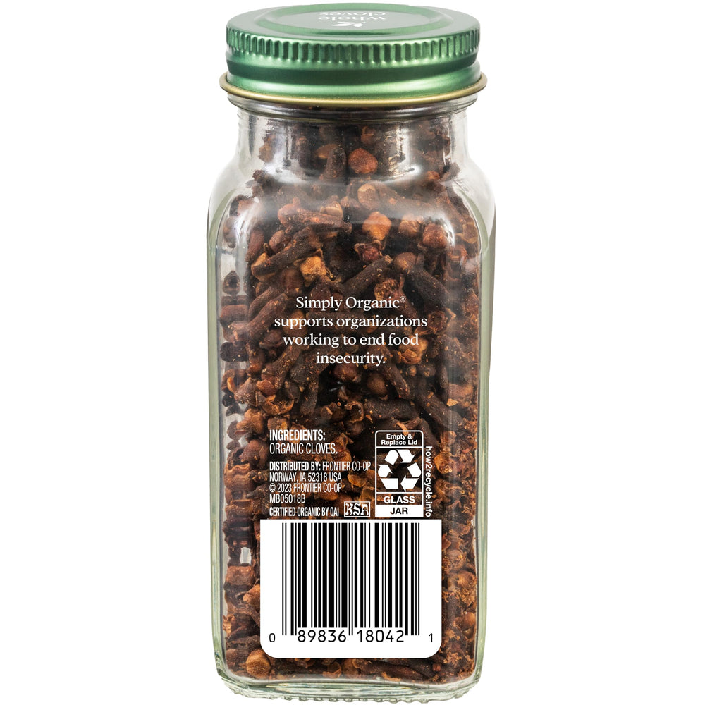 Simply Organic cloves buds closeup showing premium hand-selected quality and deep spice notes.