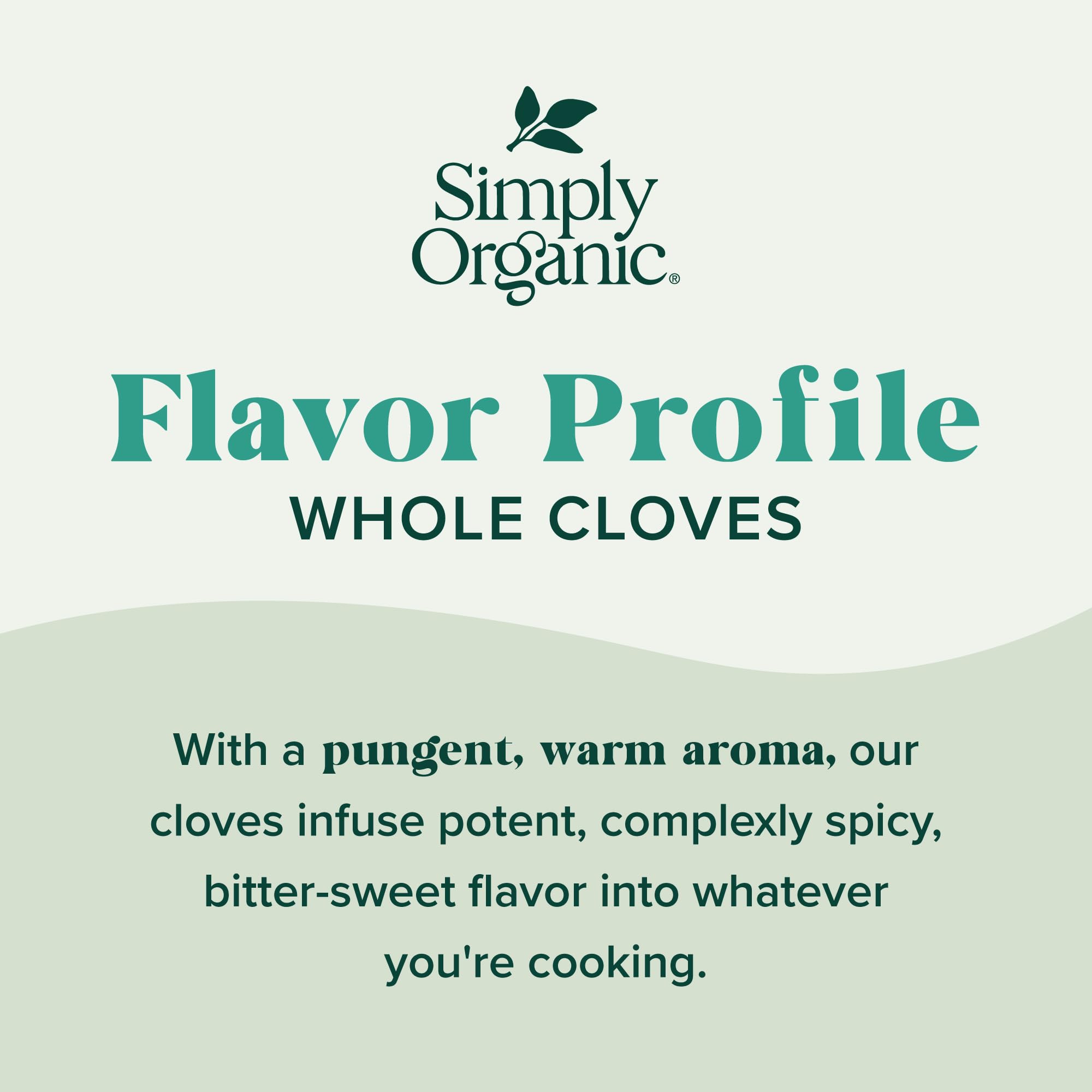 Simply Organic cloves in measuring spoon illustrating versatile use for pies, curries, and drinks.