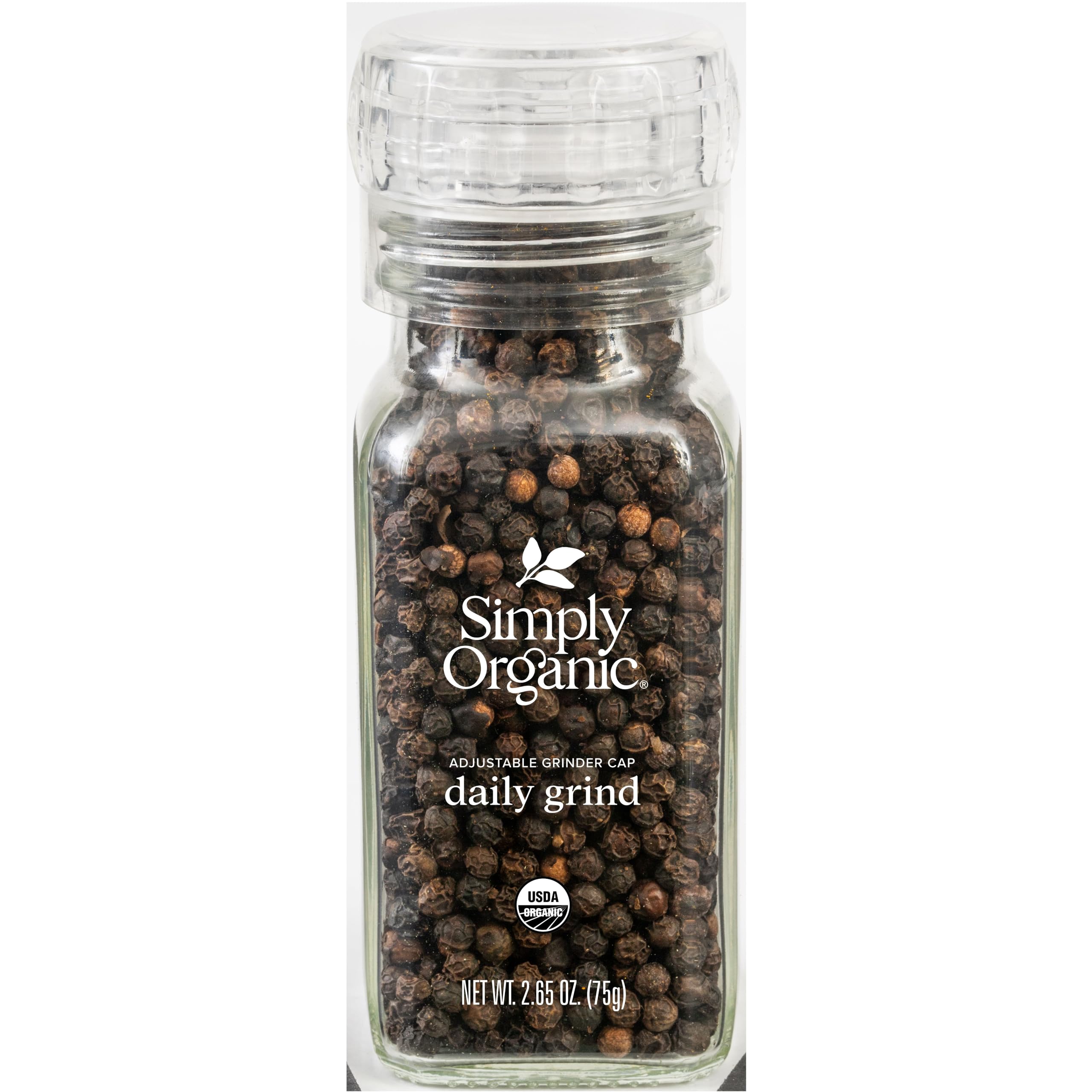 Simply Organic Daily Grind pepper bottle front view for easy kitchen use.