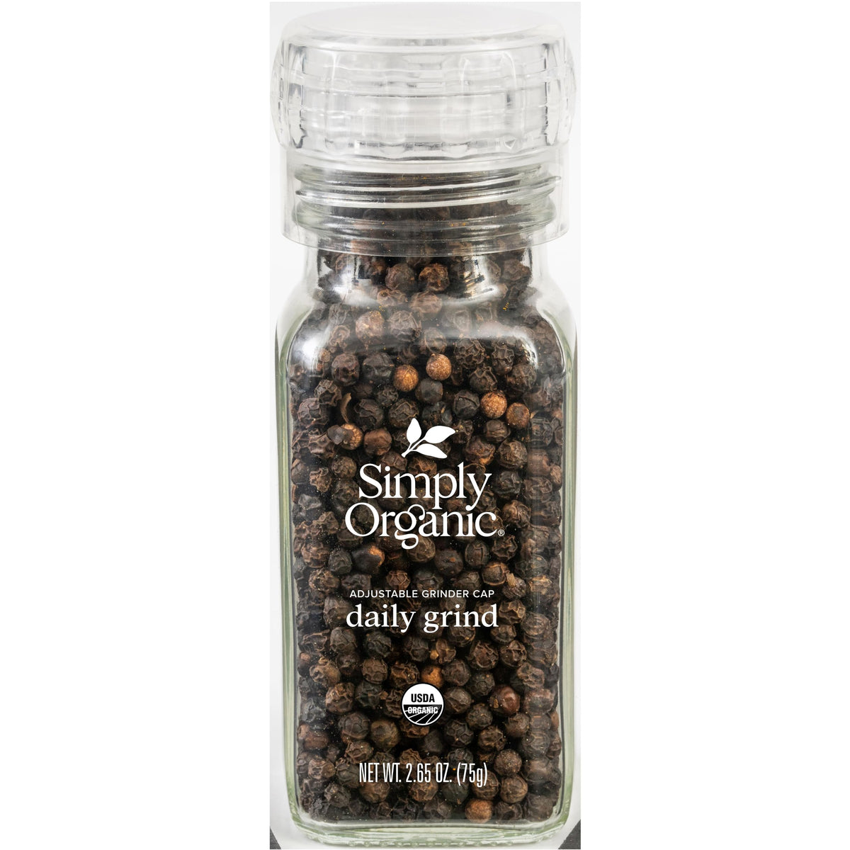 Simply Organic Daily Grind pepper bottle front view for easy kitchen use.