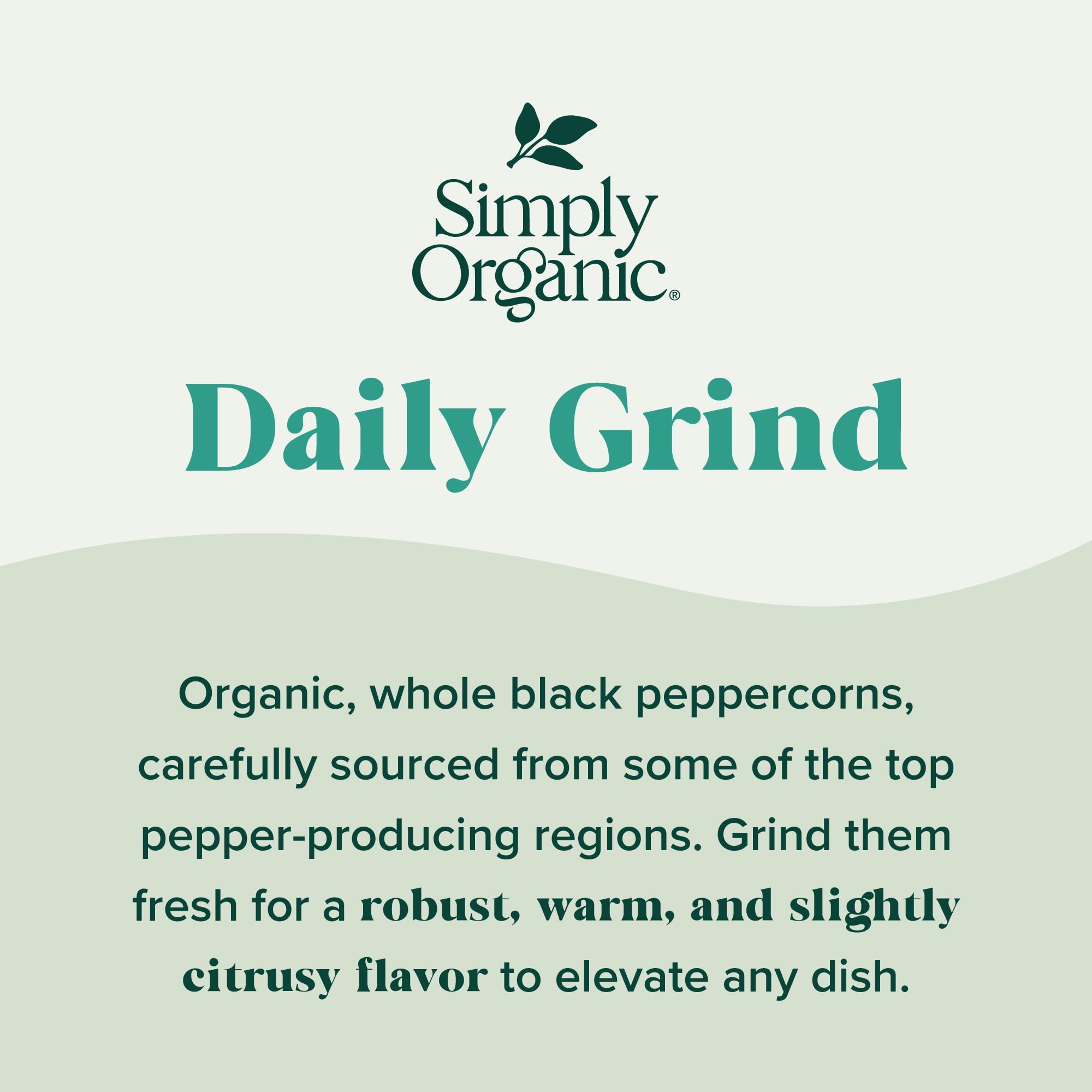 Peppercorns seen being ground with adjustable grinder top on Simply Organic Daily Grind.