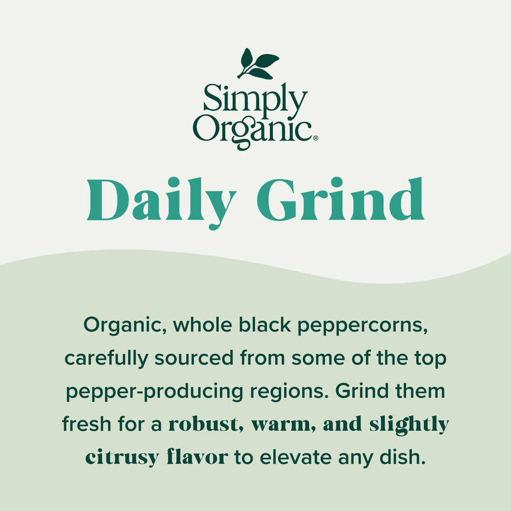 Peppercorns seen being ground with adjustable grinder top on Simply Organic Daily Grind.