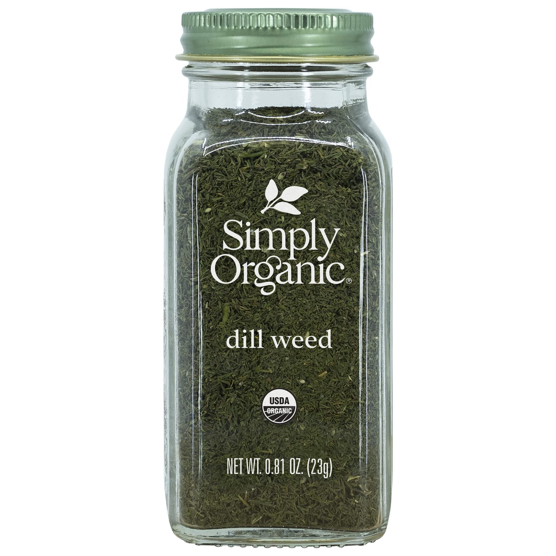 Simply Organic Dill Weed Cut & Sifted jar close-up for bright aroma in seafood