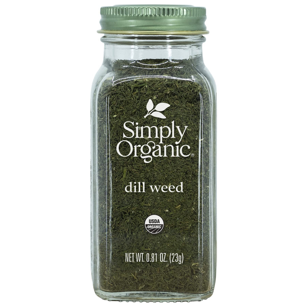 Simply Organic Dill Weed Cut & Sifted jar close-up for bright aroma in seafood