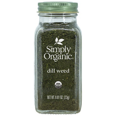 Simply Organic Dill Weed Cut & Sifted jar close-up for bright aroma in seafood