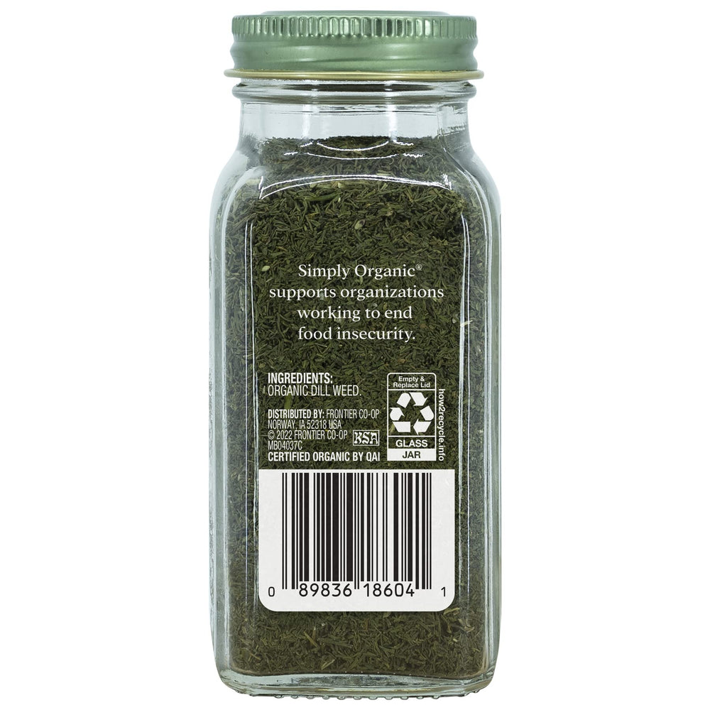 Simply Organic Dill Weed Cut & Sifted label close-up highlighting freshness and organic quality for dressings