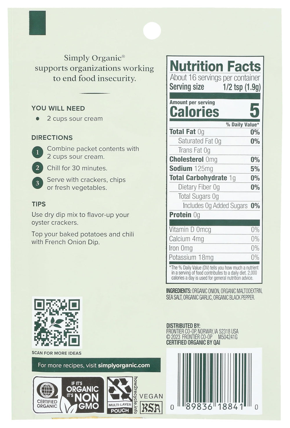 Simply Organic French Onion Dip Mix in a bowl for a quick party dip.