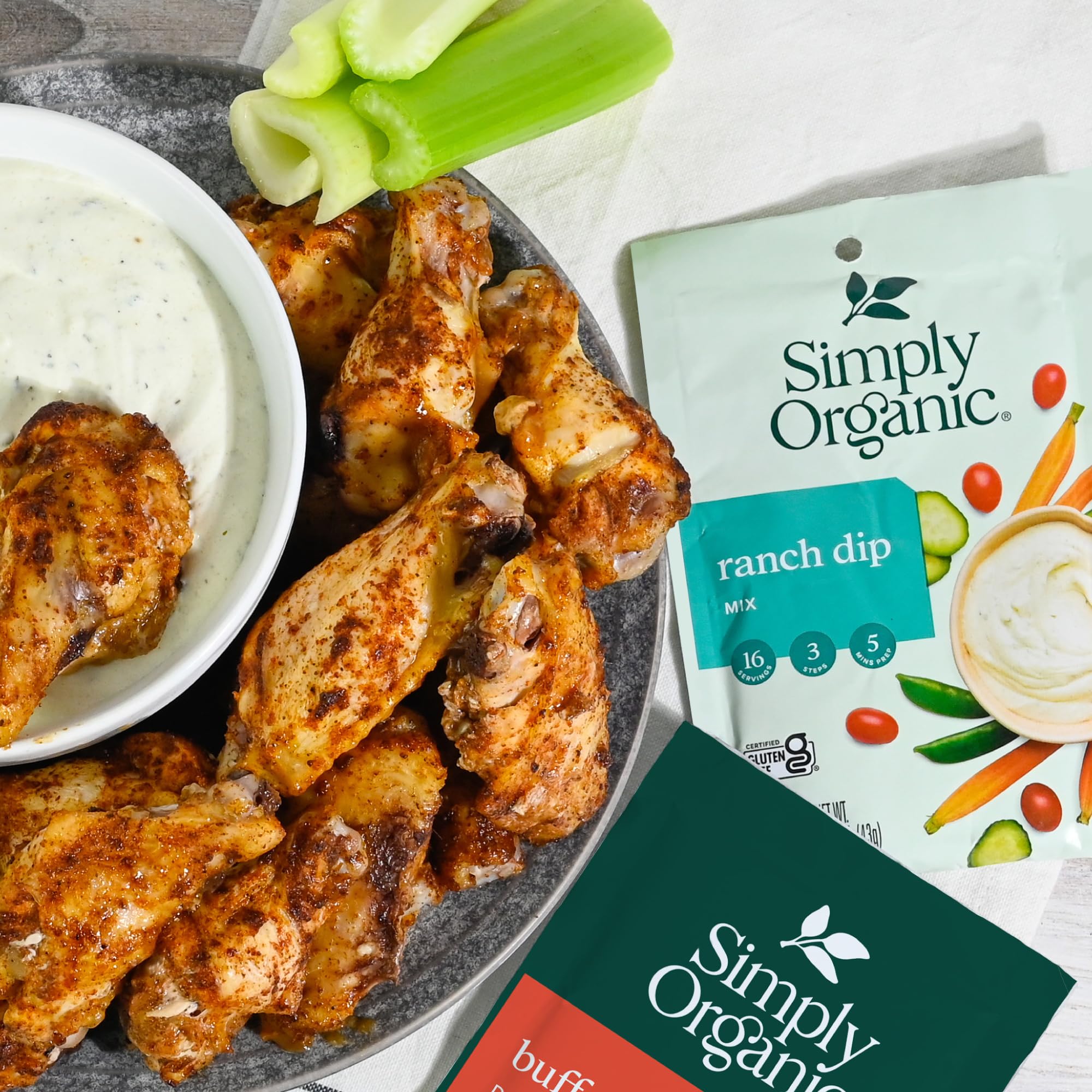 Simply Organic Ranch Dip Mix label shows kosher and non-irradiated quality.