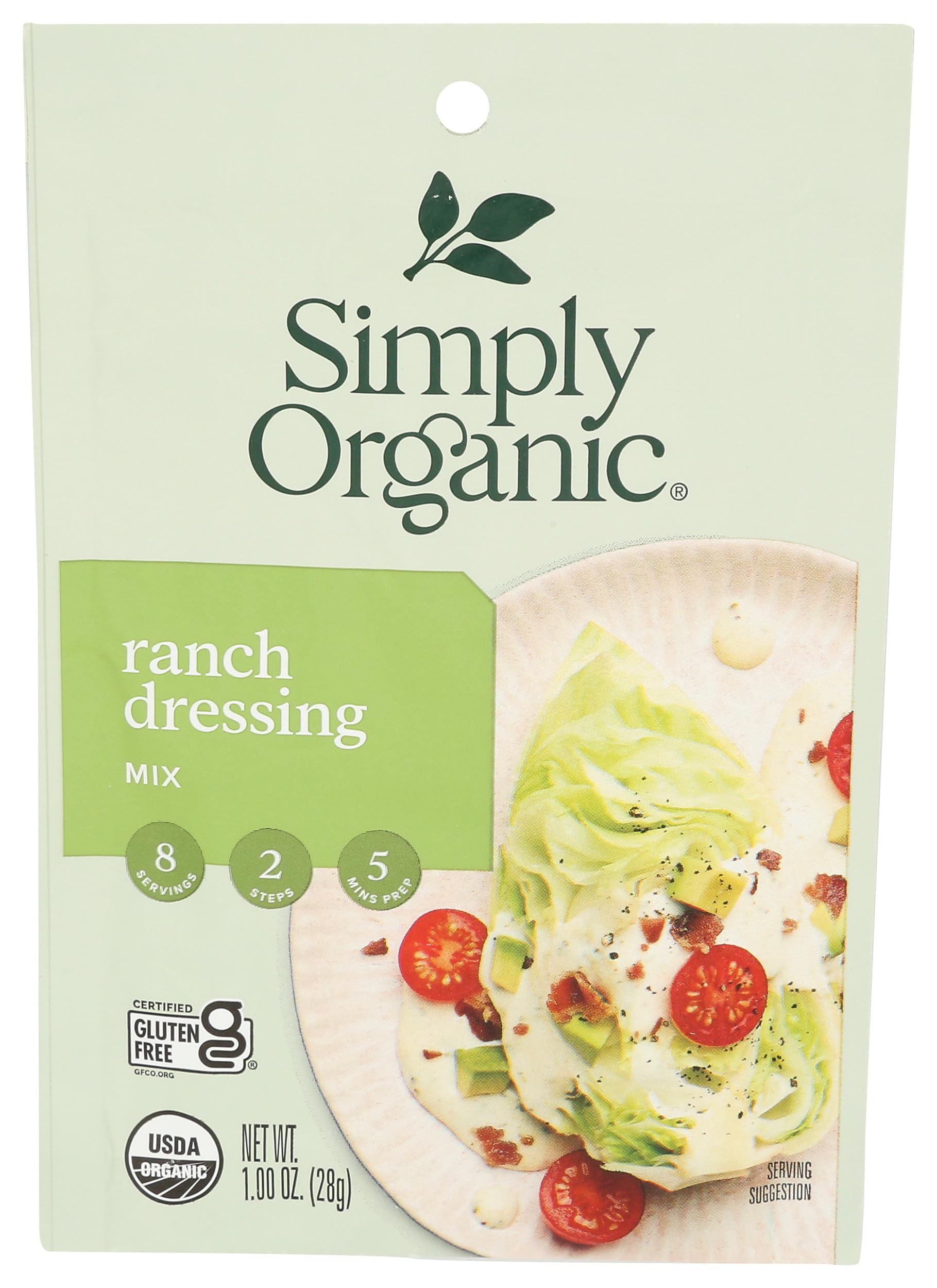 Simply Organic ranch dressing mix front label showing organic flavor for salads.