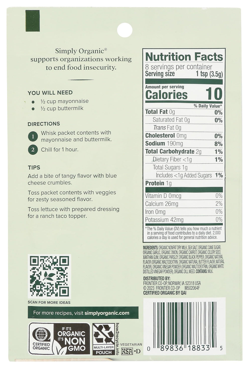 Simply Organic ranch dressing mix jar view highlights convenient spice blend.