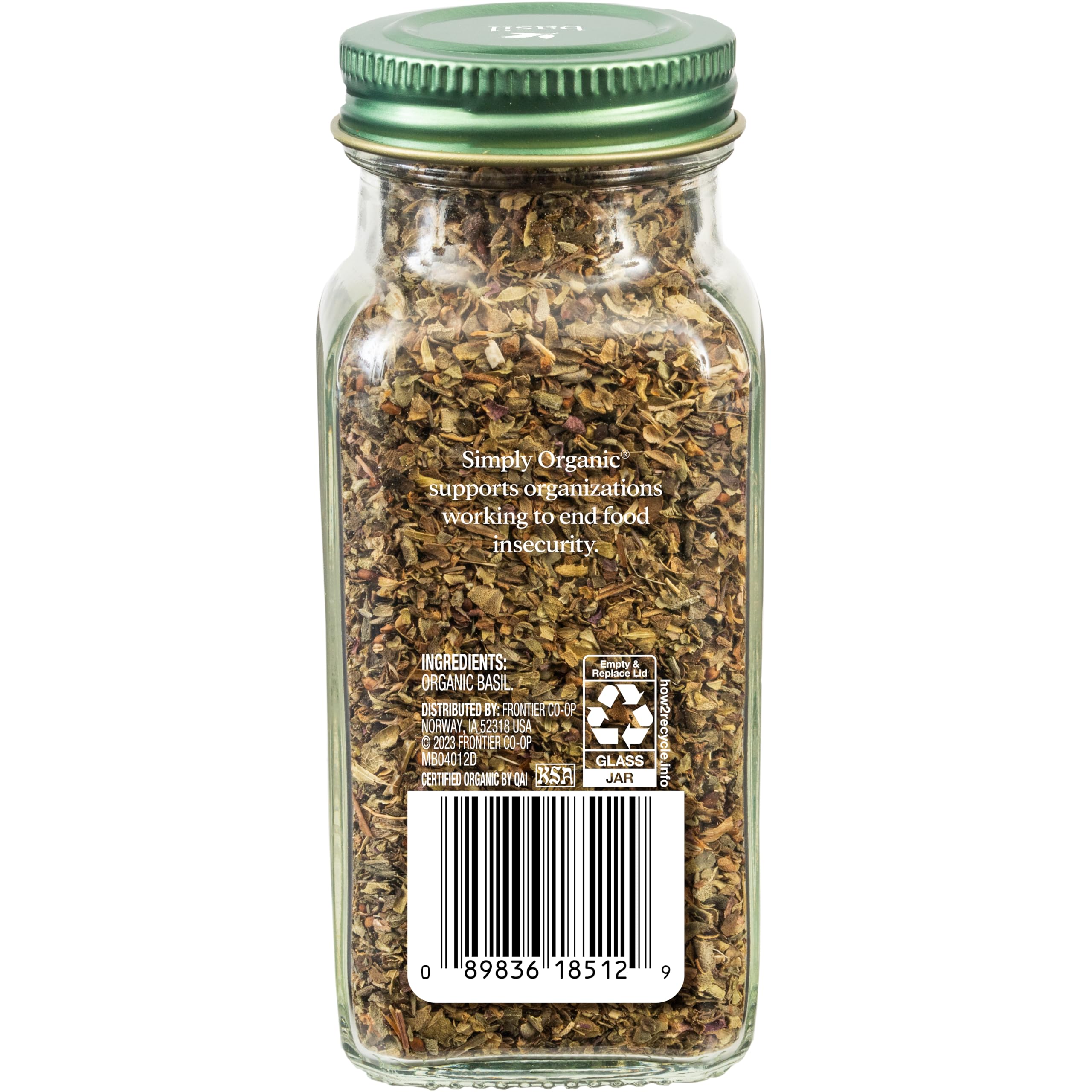 Simply Organic Egyptian Basil Leaf cut and sifted shows ready-to-use aroma for sauces and salads.