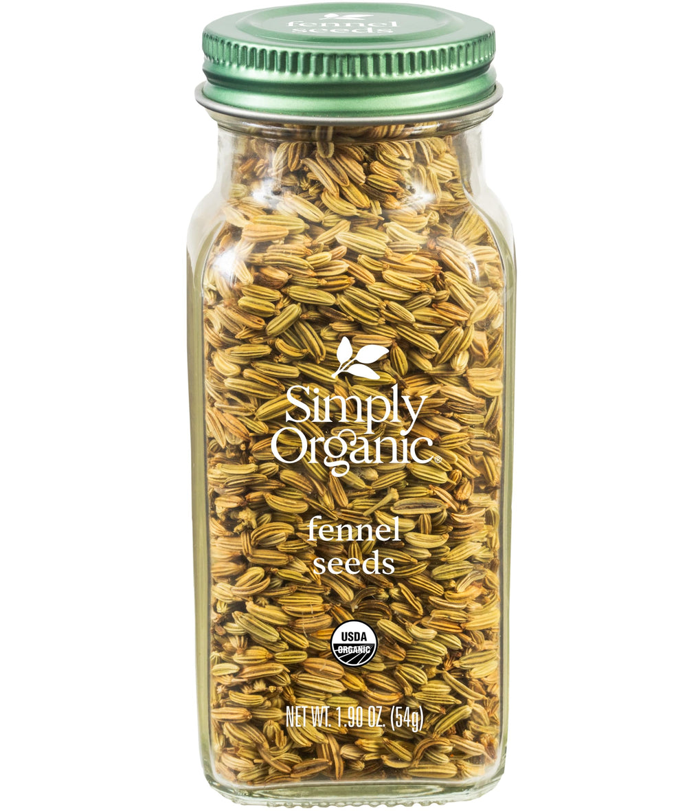 Simply Organic fennel seed bottle adds fragrant, licorice-like flavor for cooking.