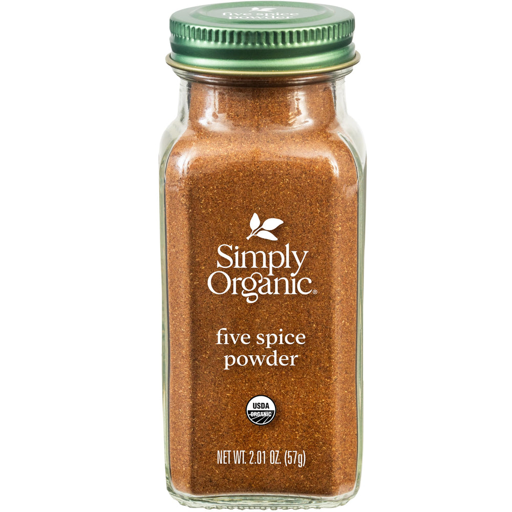 Simply Organic Five Spice Powder bottle front, versatile seasoning for meats and stir-fries.
