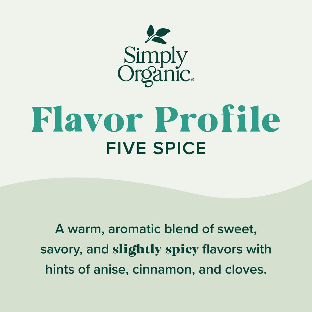 Simply Organic Five Spice Powder ingredients closeup, highlighting organic cinnamon and mixed spices.