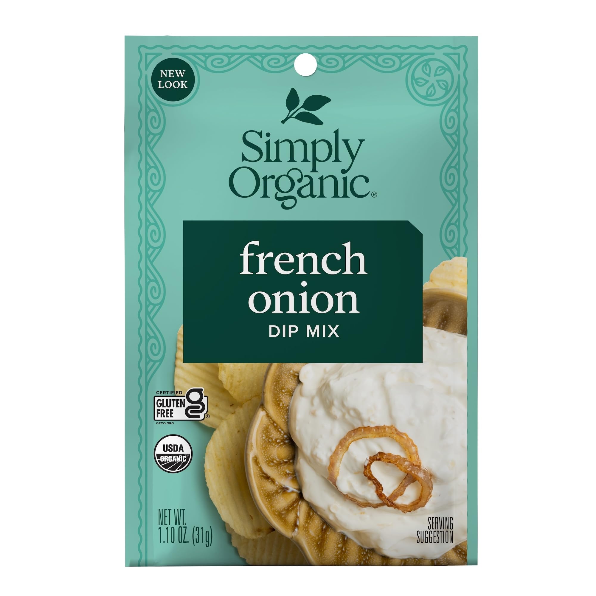 Simply Organic French Onion Dip 4-pack front view for easy pantry storage and display