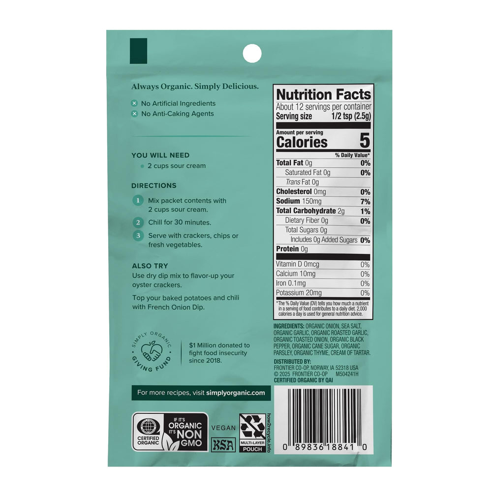 Simply Organic French Onion Dip 4-pack label showing organic certification