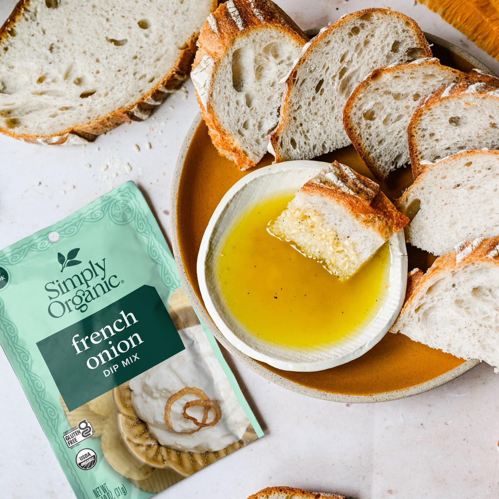 Ingredients panel of Simply Organic French Onion Dip highlighting gluten-free status