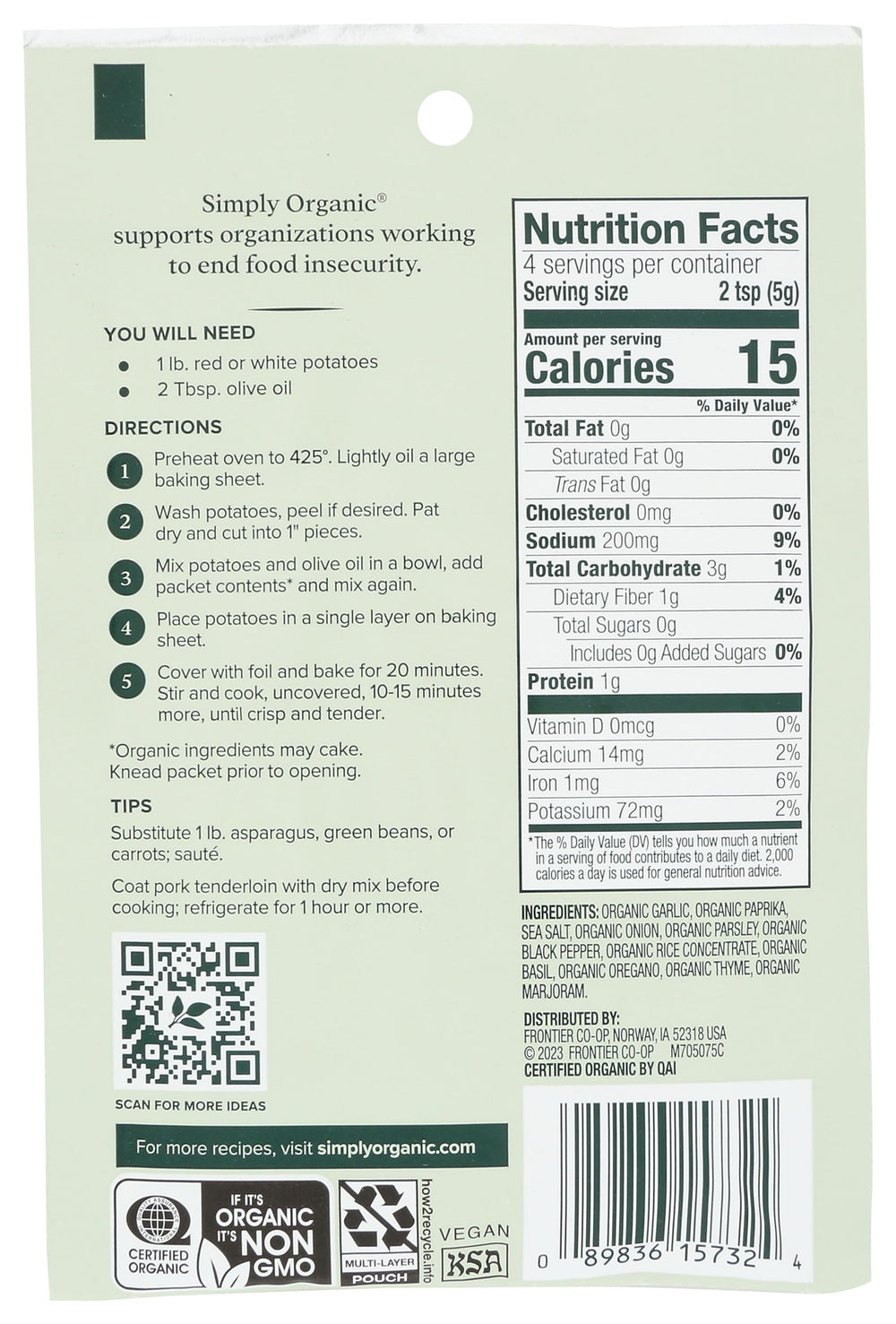 Label detail shows certified organic vegan ingredients for clean-label cooking