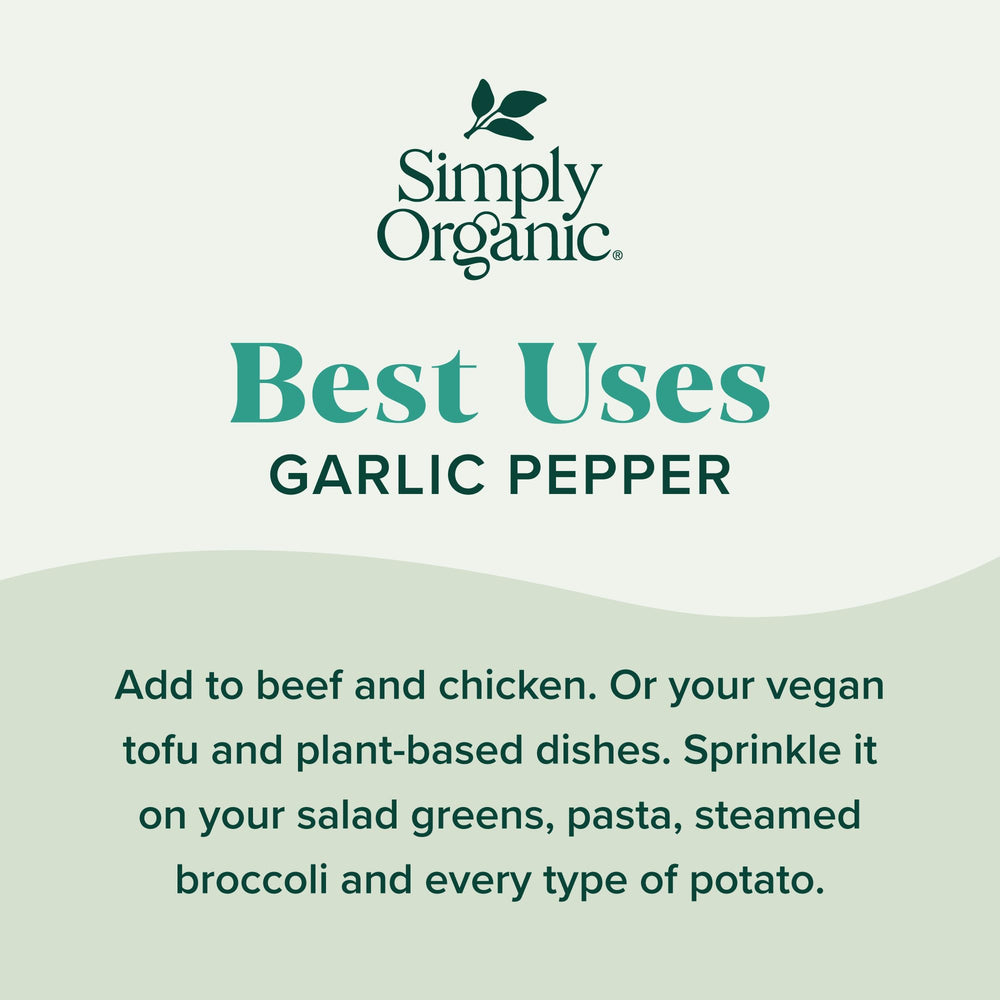 Simply Organic Garlic Pepper meat and veggie seasoning boosts everyday meals.
