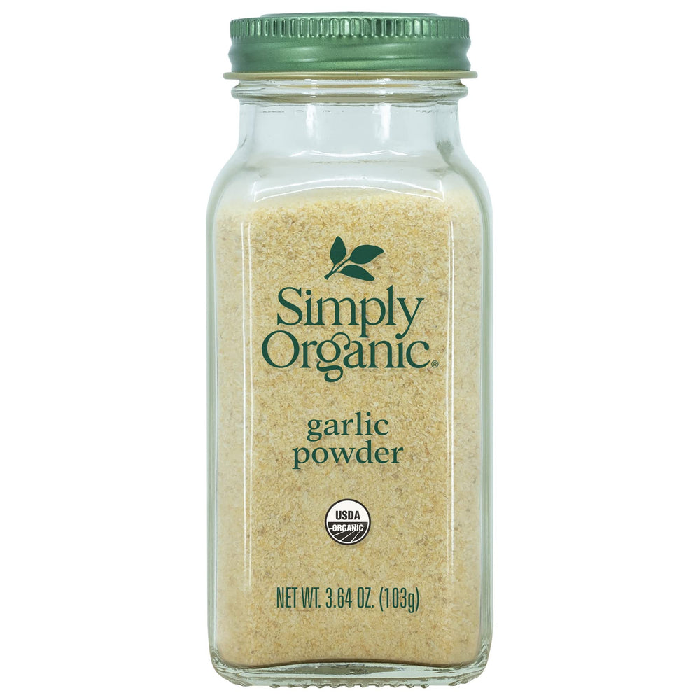 Simply Organic Garlic Powder bottle ready for quick, fresh flavor in a variety of dishes