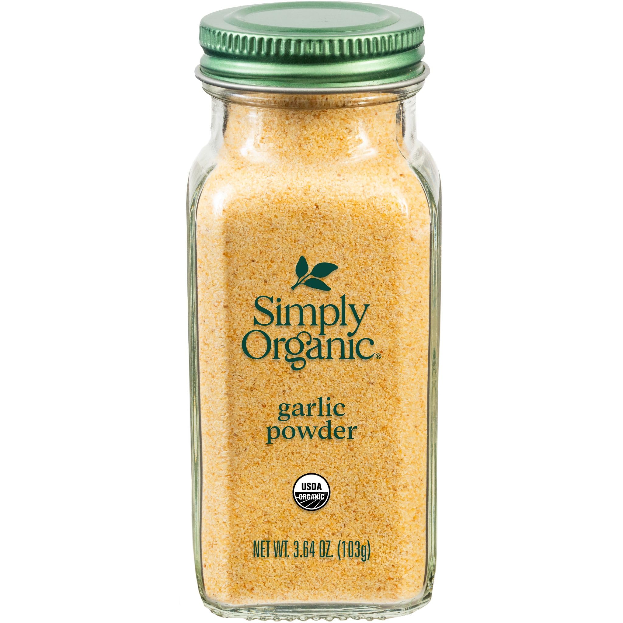 Simply Organic Garlic Powder jar in clear glass for pure flavor in sauces.