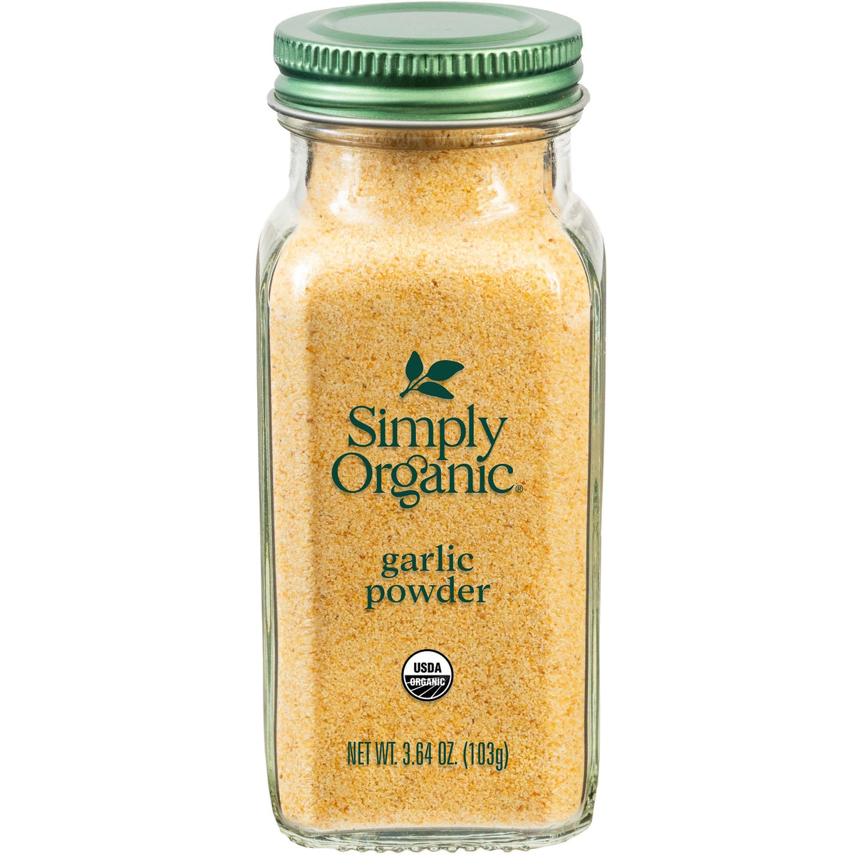 Simply Organic Garlic Powder jar in clear glass for pure flavor in sauces.