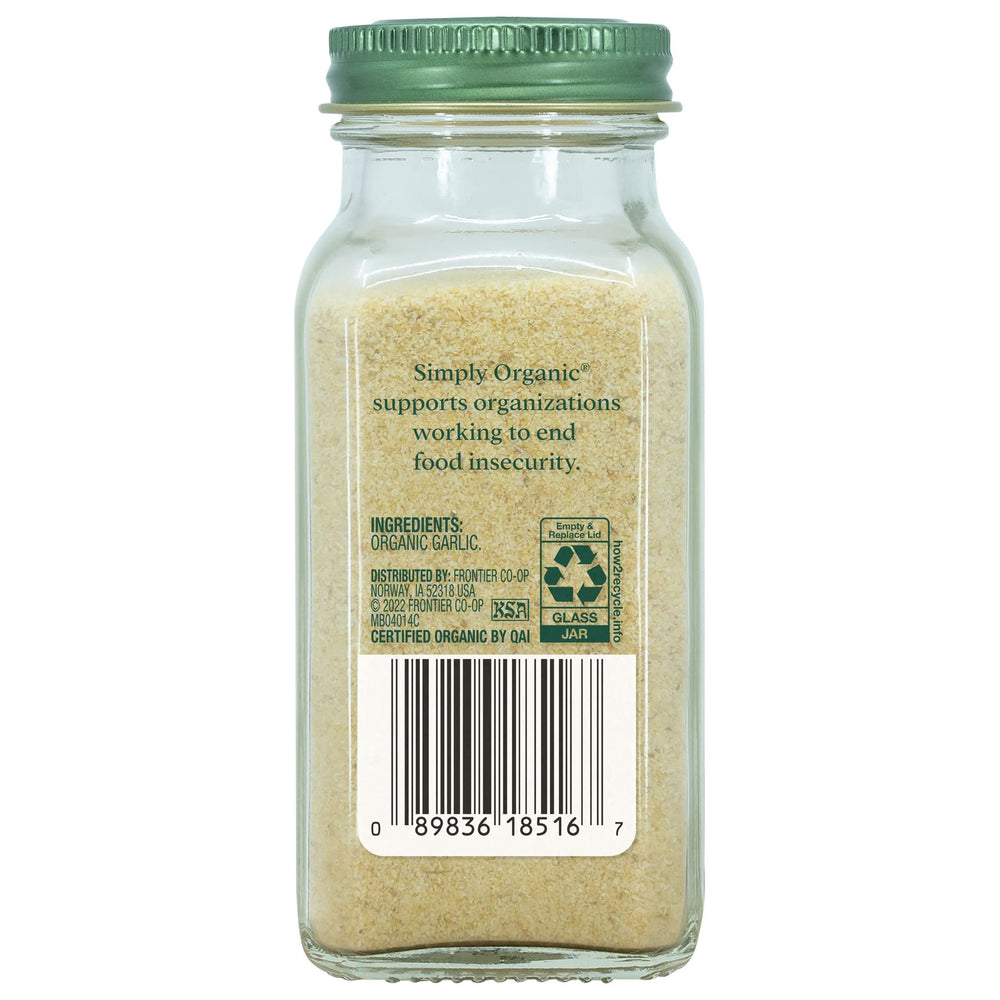 Simply Organic Garlic Powder label shows organic certification and Kosher status