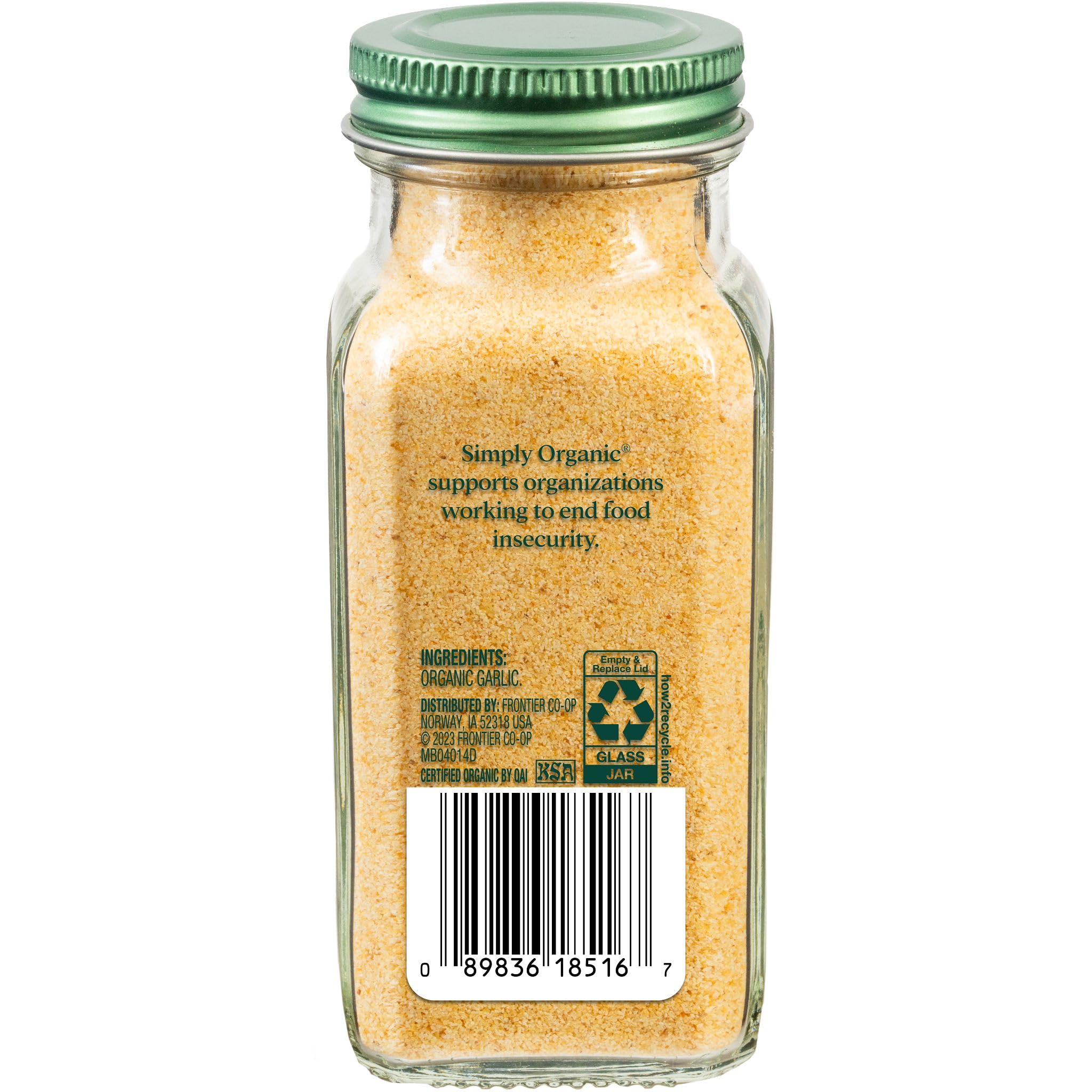 Simply Organic Garlic Powder pour-spoon enables quick seasoning for meats and vegetables.