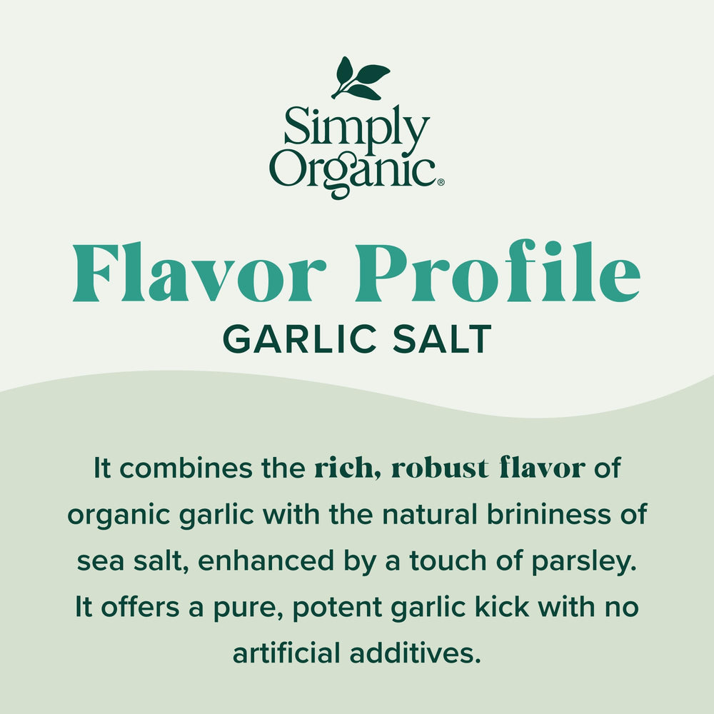 Simply Organic Garlic Salt on a skillet with parsley garnish