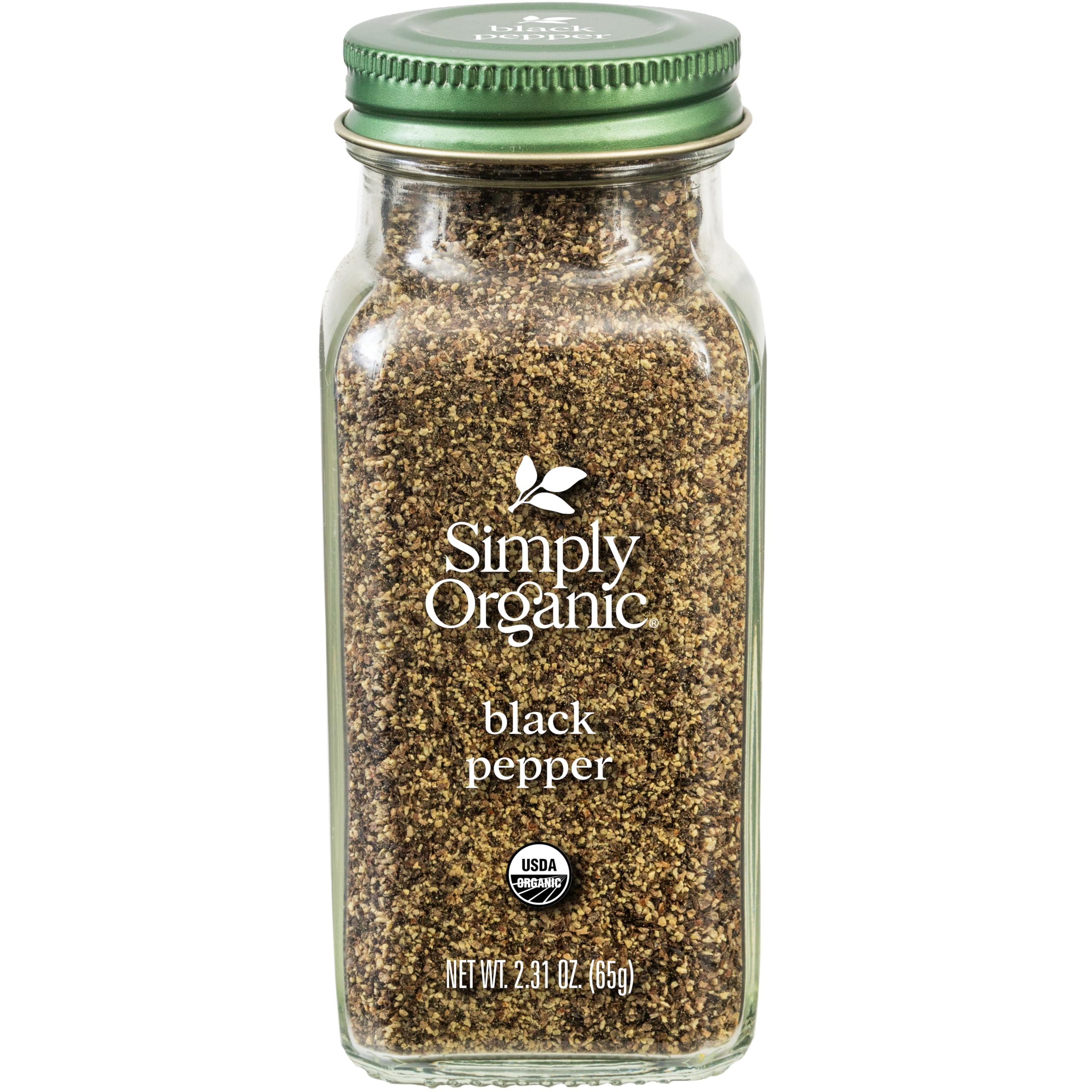 Simply Organic Ground Black Pepper bottle label highlights organic flavor for meals.