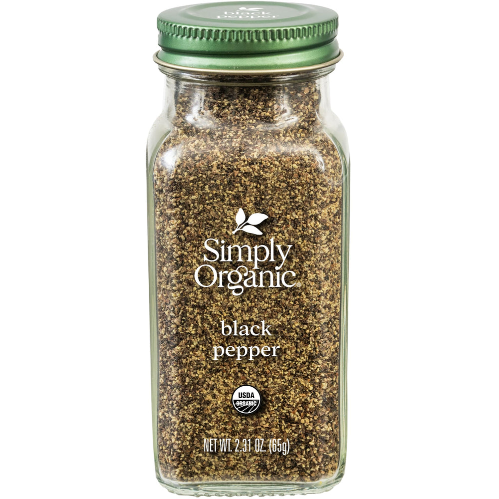 Simply Organic Ground Black Pepper bottle label highlights organic flavor for meals.