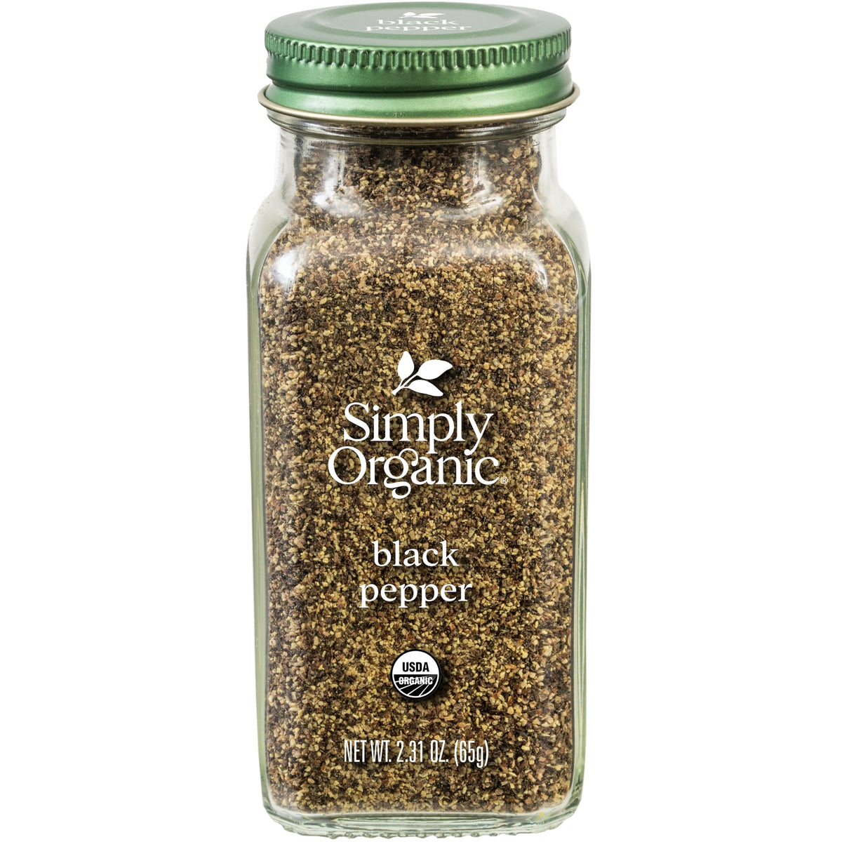 Simply Organic Ground Black Pepper bottle label highlights organic flavor for meals.