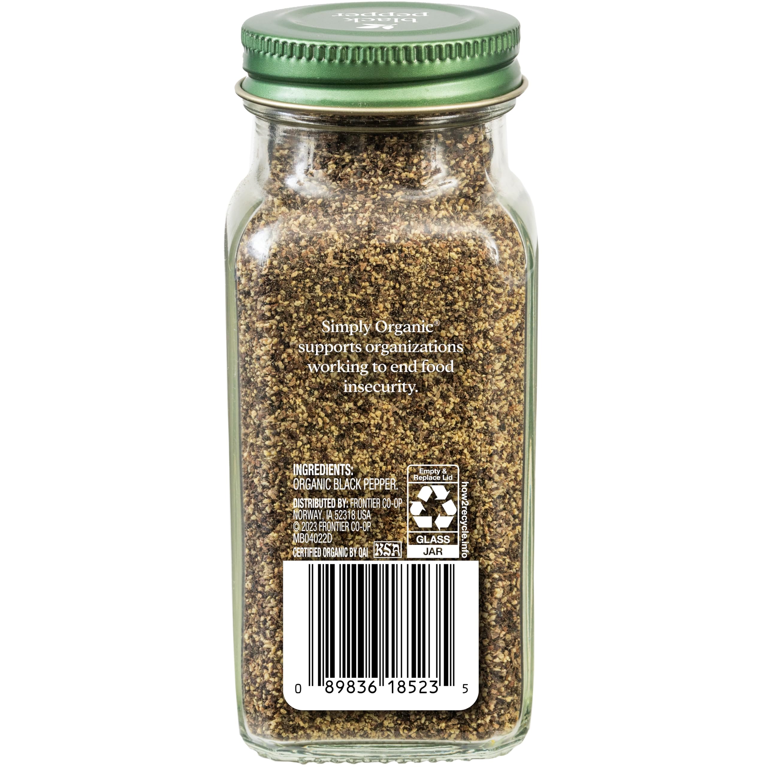 Simply Organic Ground Black Pepper top-view shows medium grind ready for seasoning.