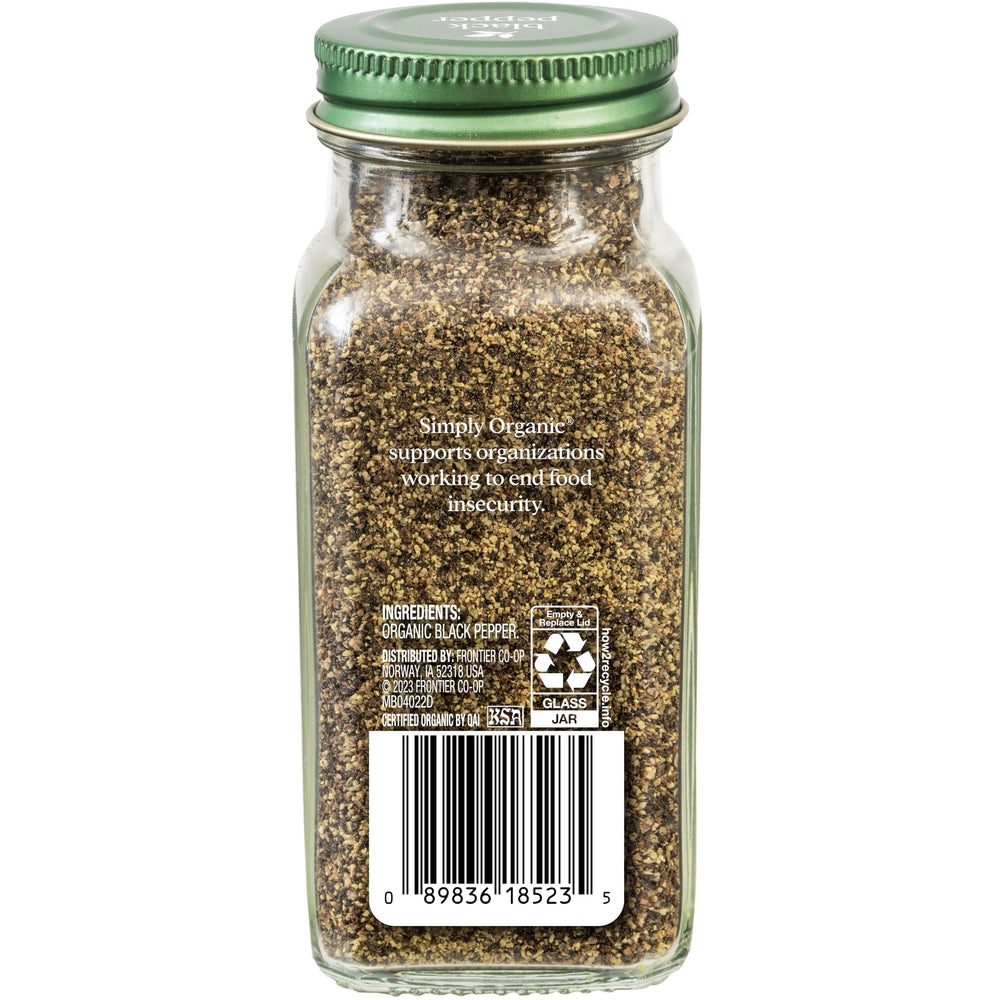 Simply Organic Ground Black Pepper top-view shows medium grind ready for seasoning.