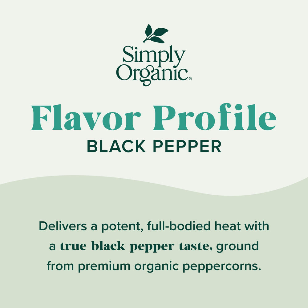 Simply Organic Ground Black Pepper jar on counter emphasizes fresh, organic seasoning.