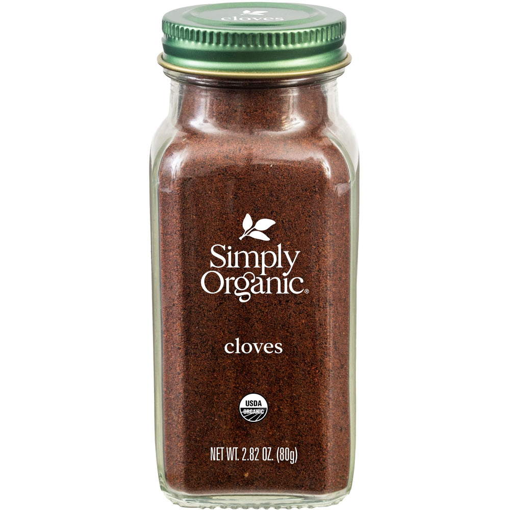Simply Organic ground cloves jar front showing bold aroma for baking and spice blends.