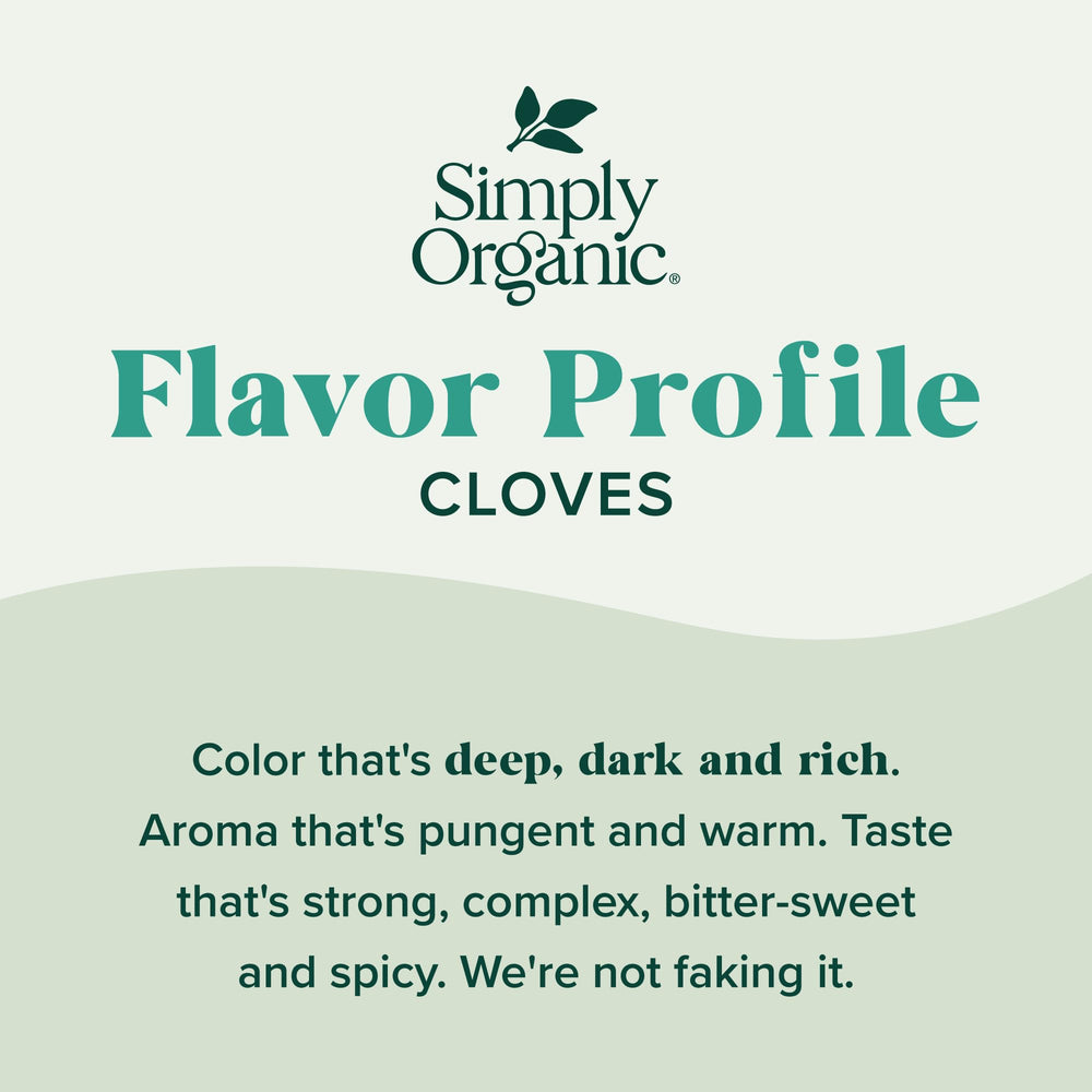 Simply Organic ground cloves spice powder closeup ready for spice blends and recipes.