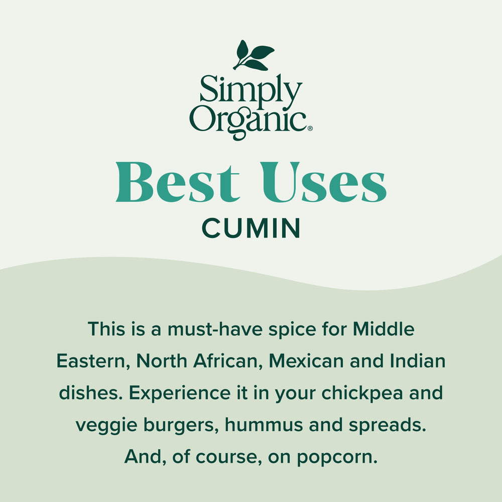 Simply Organic ground cumin color emphasizes earthy tones and bold flavor potential.
