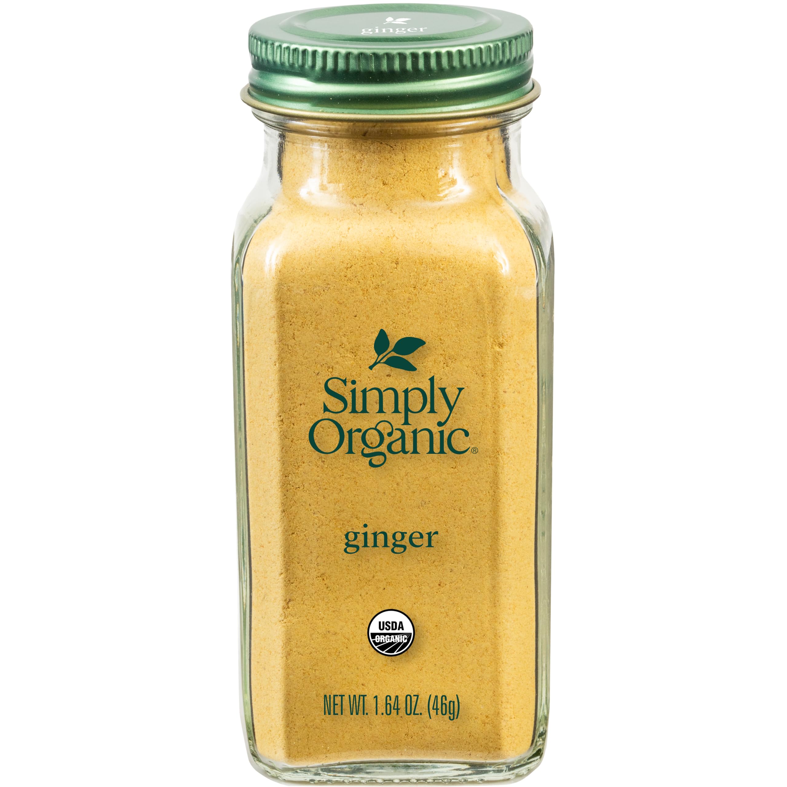 Simply Organic ground ginger root in glass jar enhances cooking with warm aroma.