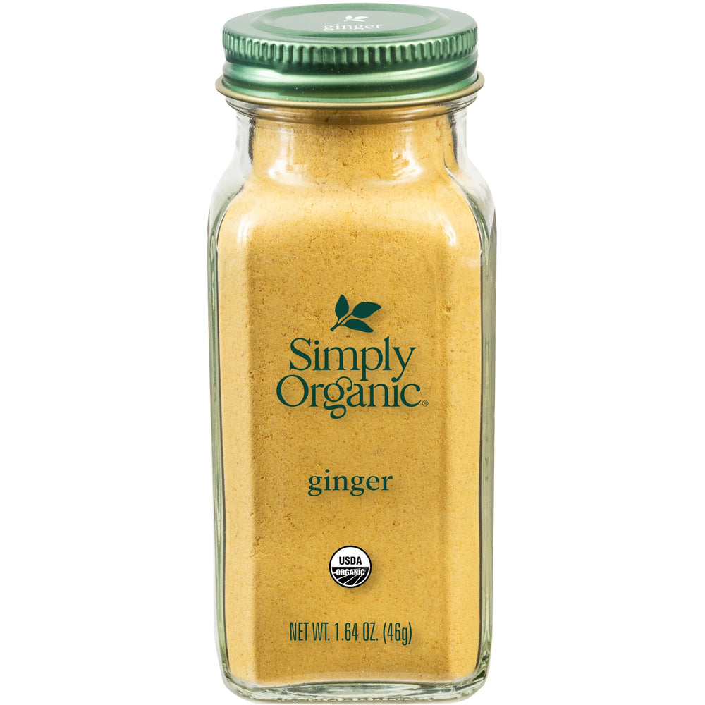 Simply Organic ground ginger root in glass jar enhances cooking with warm aroma.